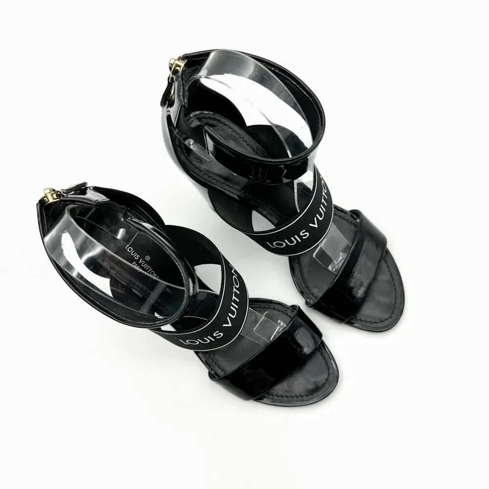 LOUIS VUITTON Trail Black Patent Leather Logo Sandal Size 37 Block Heel